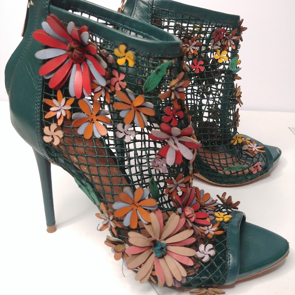 Zara Sz 37 Green Mesh Floral Applique Bootie Heels - Picture 1 of 7